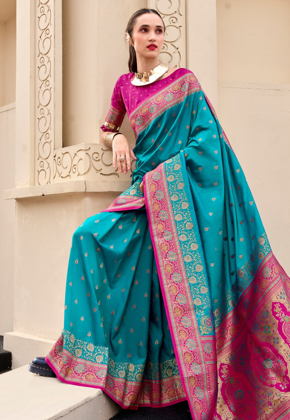 Soudarya Teal Pure Soft Banarasi Silk Waving Saree