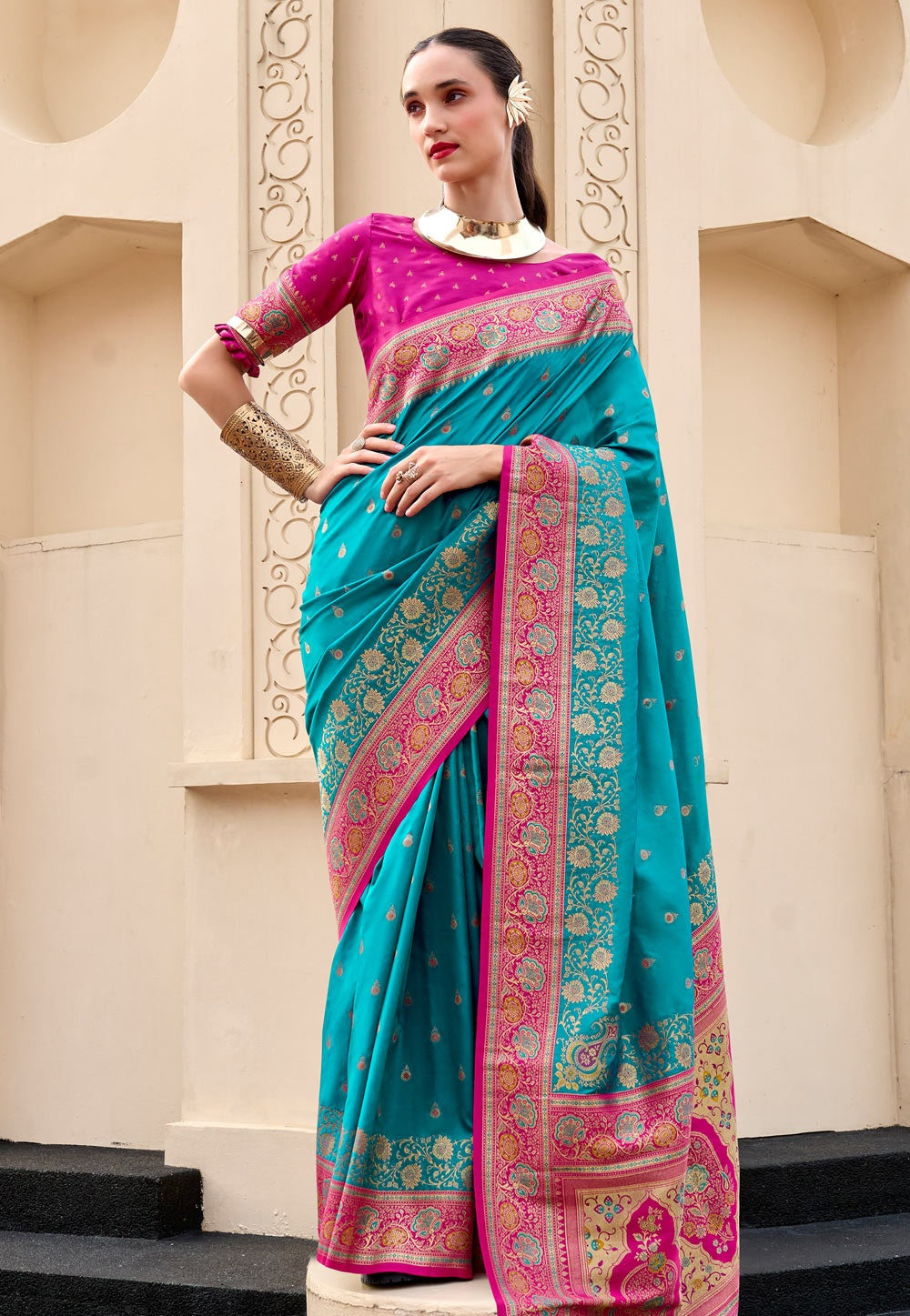 Soudarya Teal Pure Soft Banarasi Silk Waving Saree