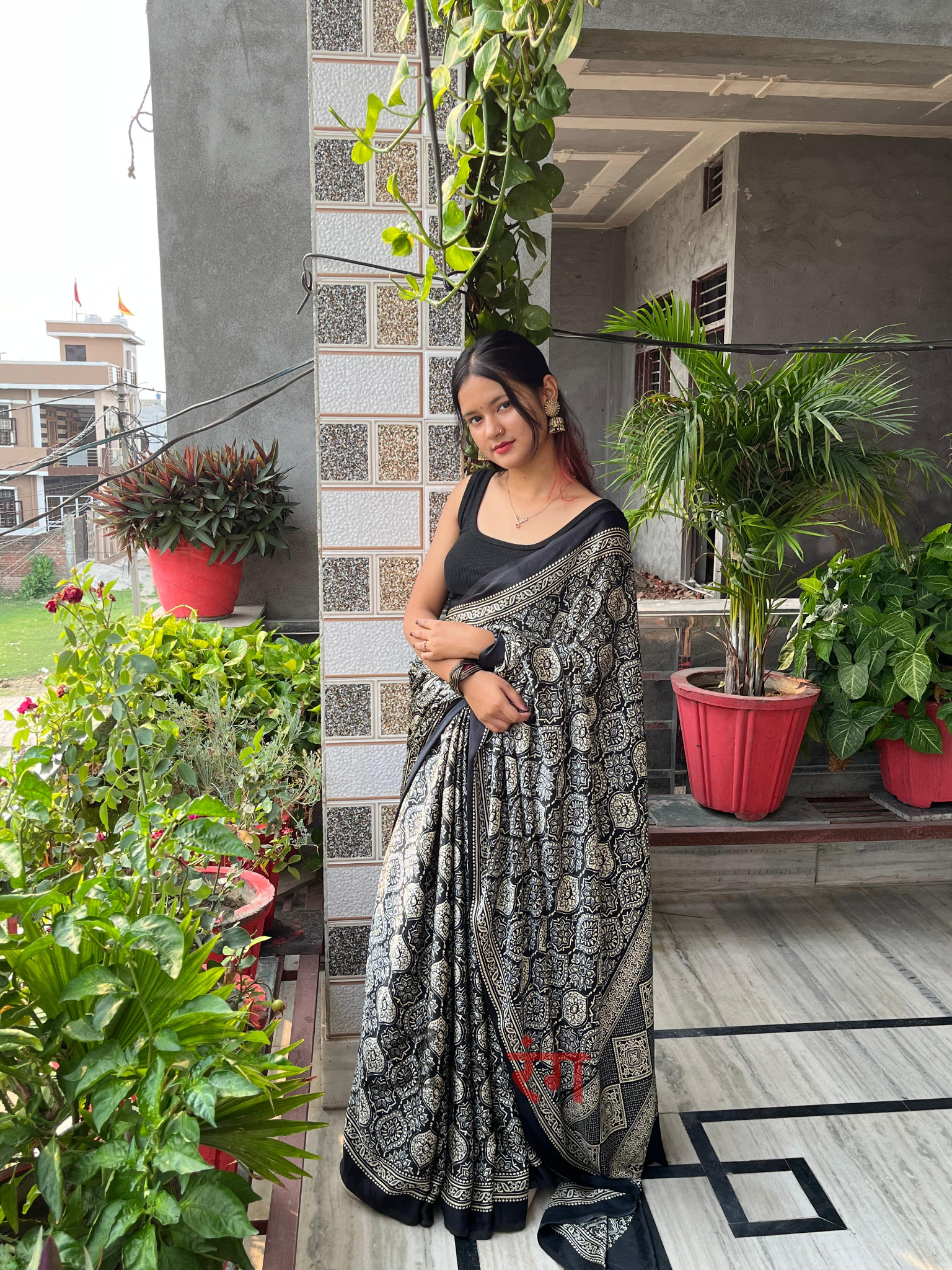 Varnika Black Modal Silk Ajrakh Natural Print saree