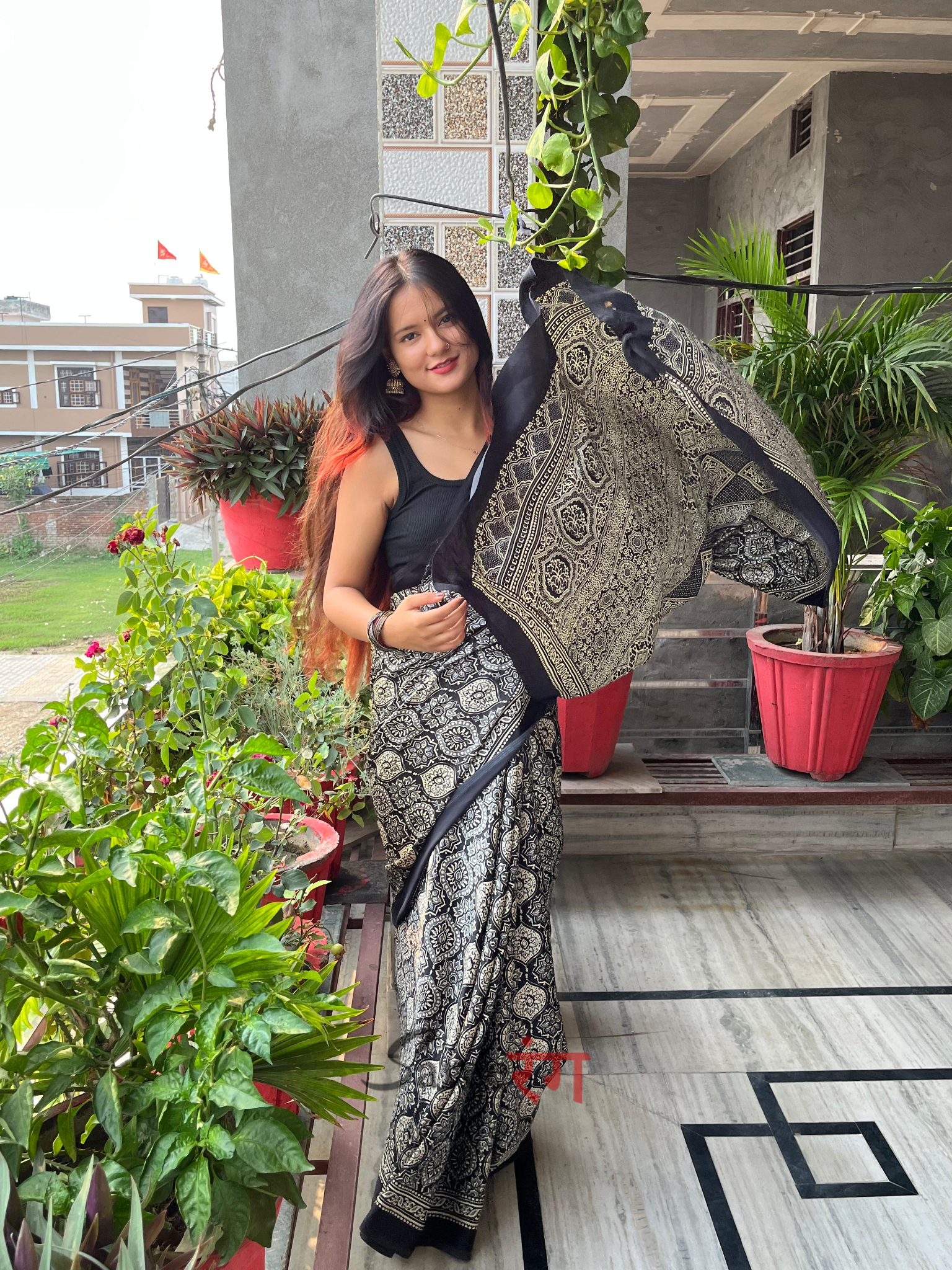 Varnika Black Modal Silk Ajrakh Natural Print saree
