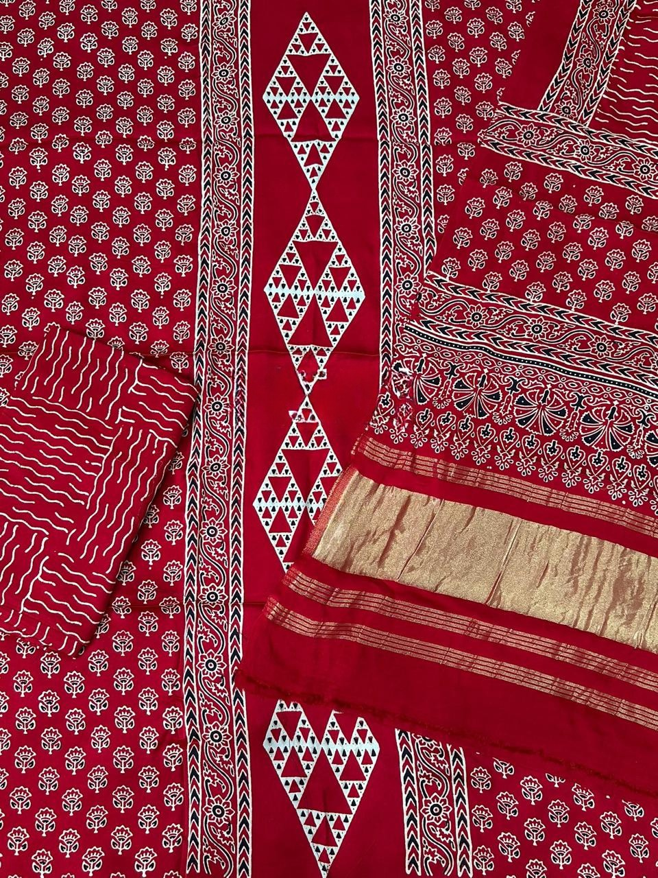Entrancing Red Original Natural Ajrakh Print 3 pc Pure Modal Silk Unstitched Suit Set