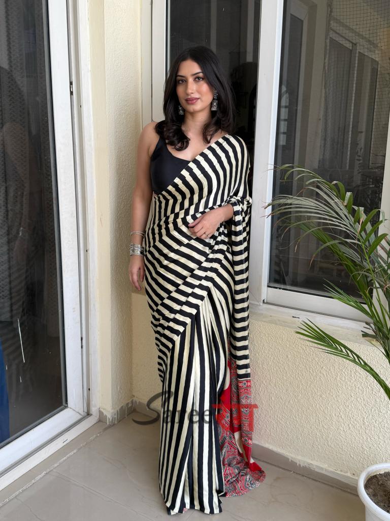 Sundari Black Modal Silk Premium Striped Ajrakh Natural Print Saree