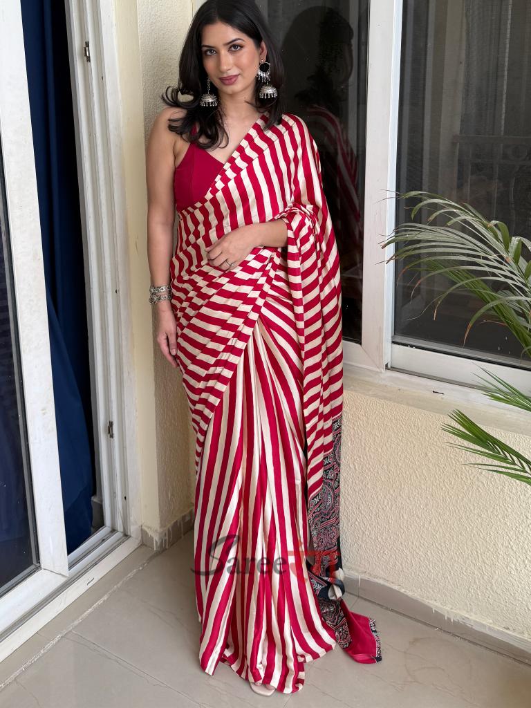 Sundari Red Modal Silk Premium Striped Ajrakh Natural Print Saree