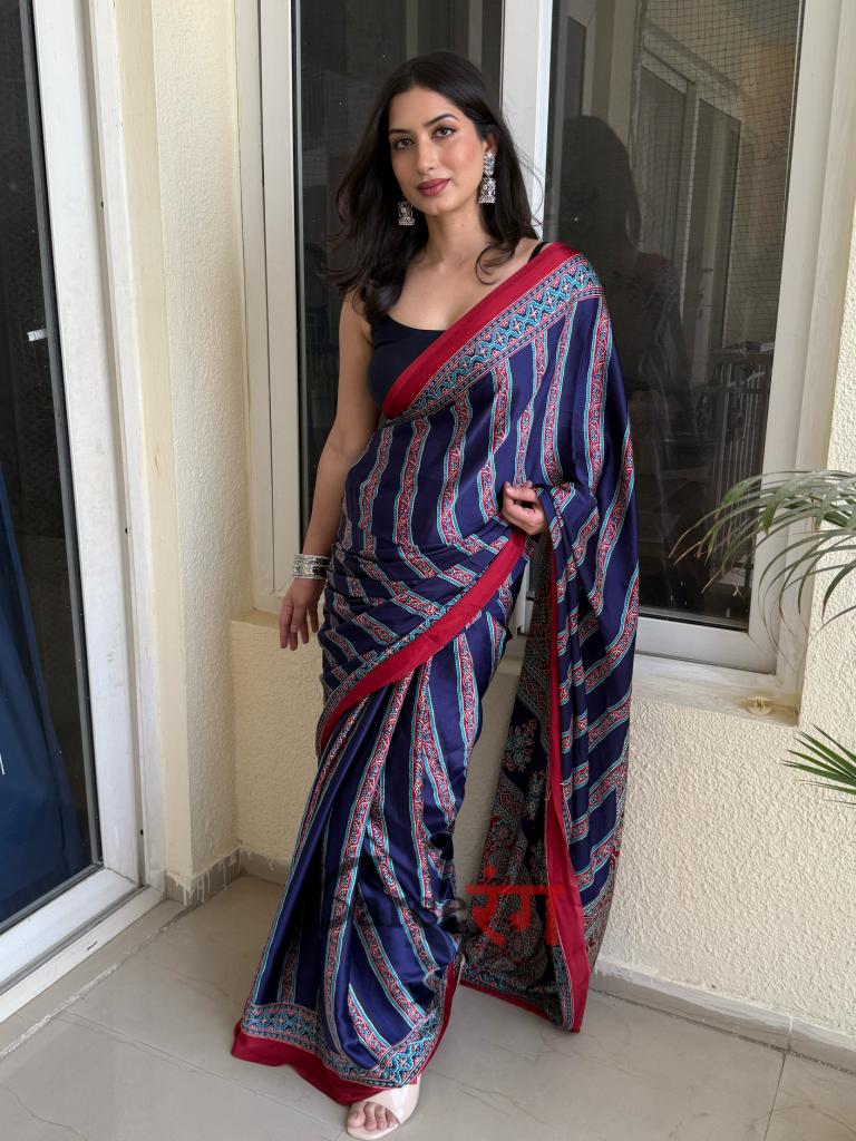 Sagun Blue Modal Silk Ajrakh Natural Print Saree