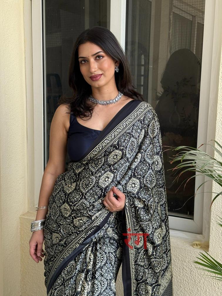 Varnika Black Modal Silk Ajrakh Natural Print saree