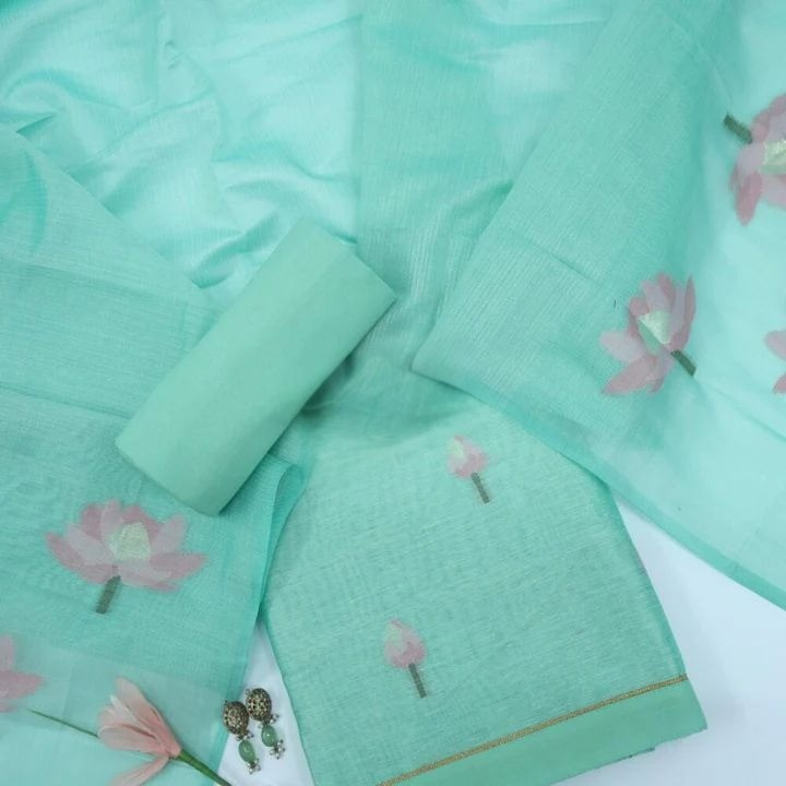 Tiffny Blue Pure Soft Muga Cotton Flower Weaving Unstitched Dress Material