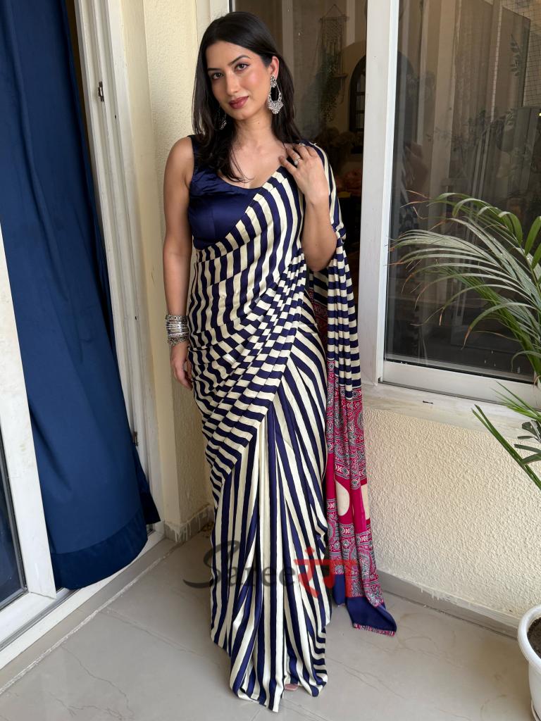 Sundari Blue Modal Silk Premium Striped Ajrakh Natural Print Saree