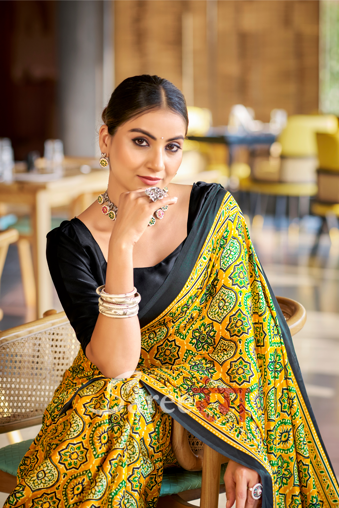 Varnika Yellow Modal Silk Ajrakh Natural Print saree