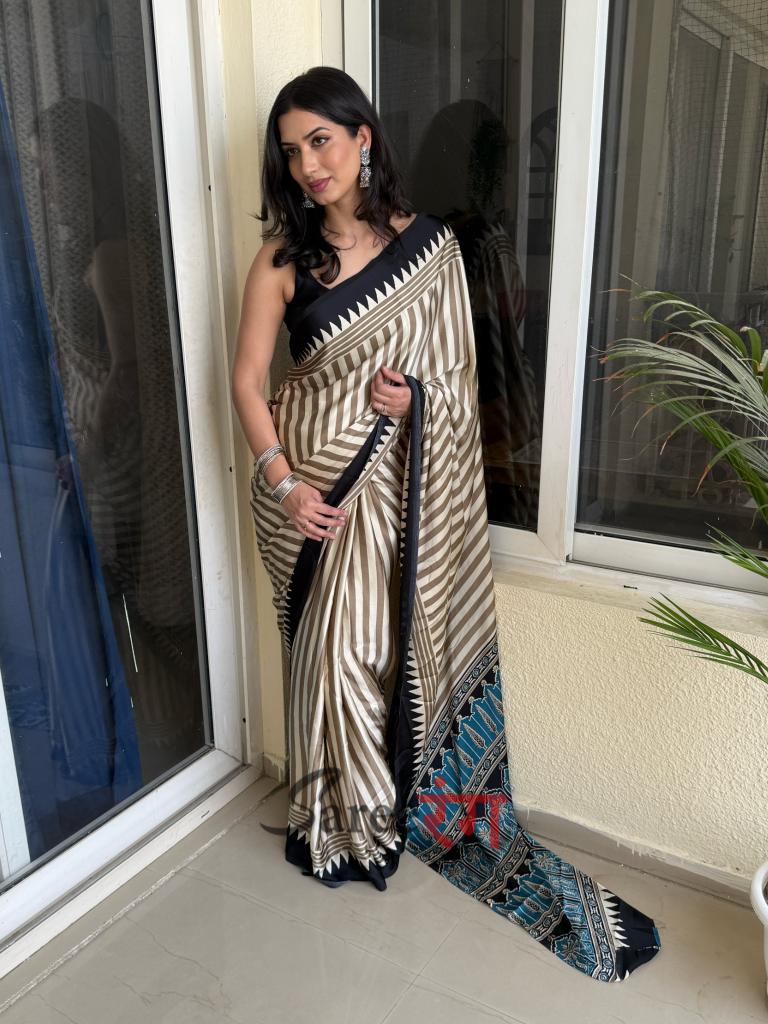 Pallavi Black And Cream Modal Silk Striped Ajrakh Natural Print Saree