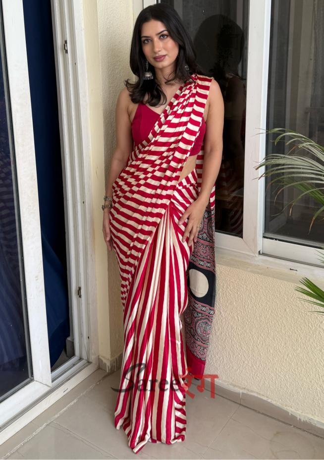 Sundari Red Modal Silk Premium Striped Ajrakh Natural Print Saree