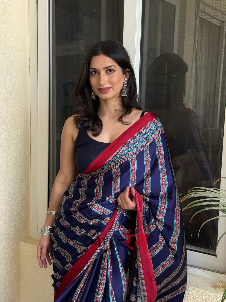 Sagun Blue Modal Silk Ajrakh Natural Print Saree
