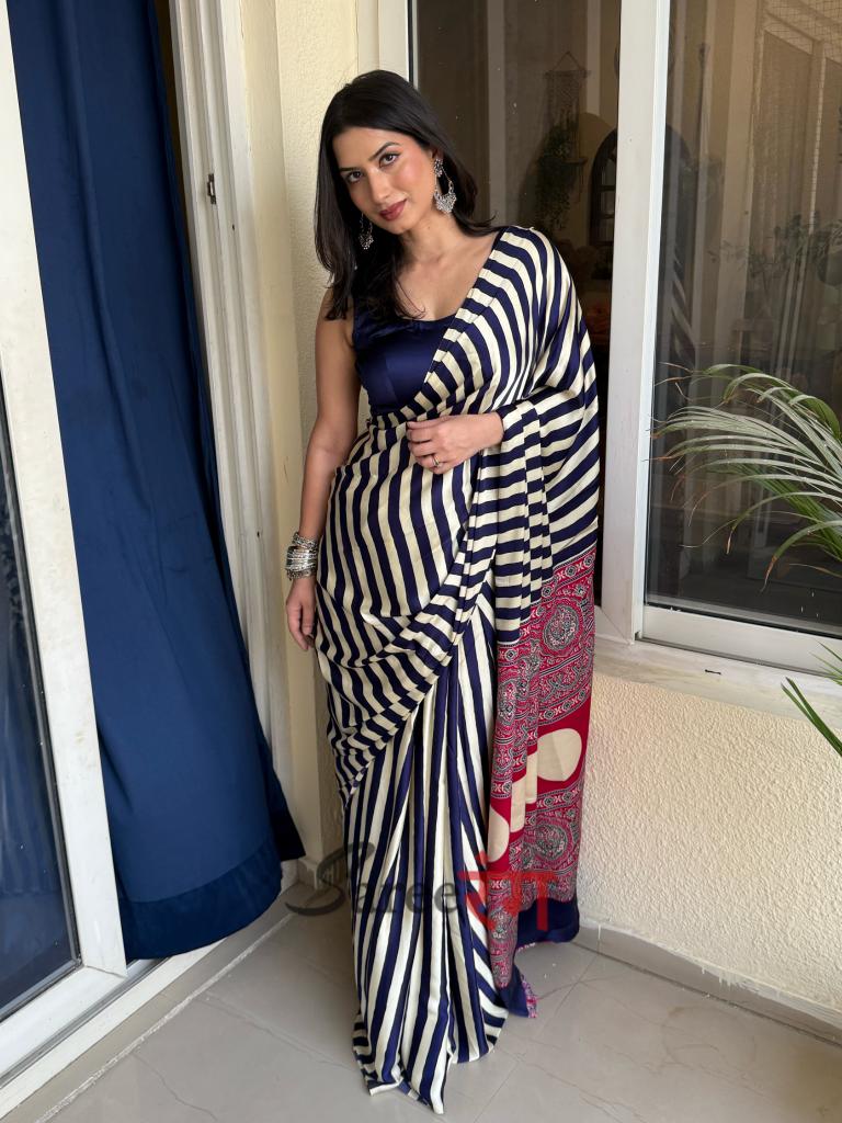 Sundari Blue Modal Silk Premium Striped Ajrakh Natural Print Saree