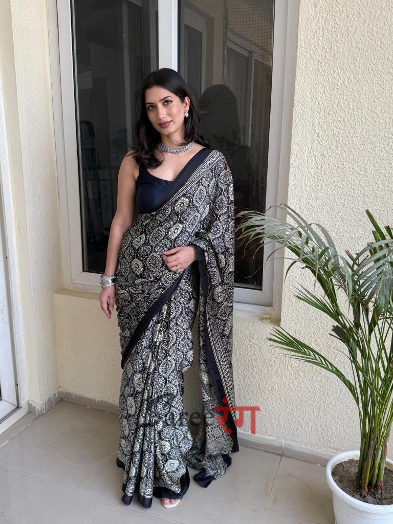 Varnika Black Modal Silk Ajrakh Natural Print saree