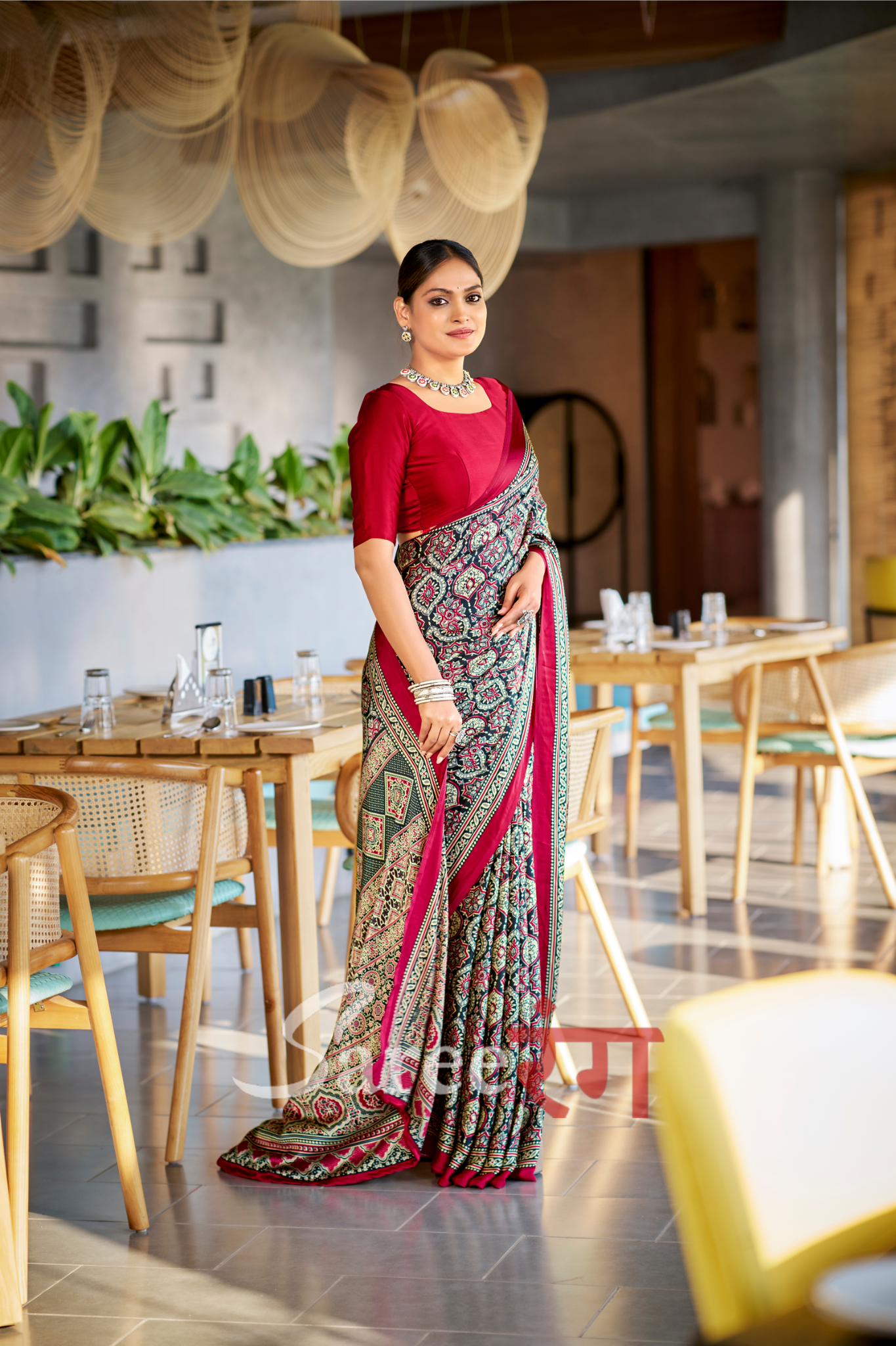 Varnika Black And Maroon  Modal Silk Ajrakh Natural Print saree