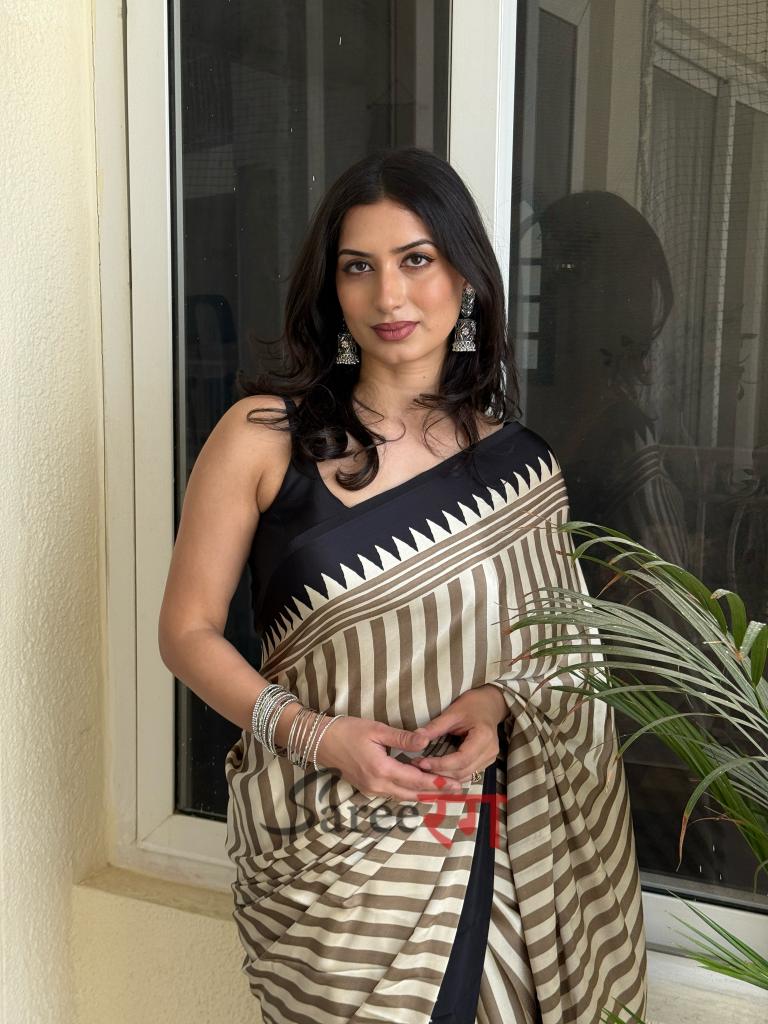 Pallavi Black And Cream Modal Silk Striped Ajrakh Natural Print Saree
