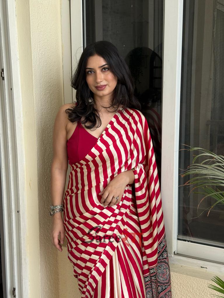 Sundari Red Modal Silk Premium Striped Ajrakh Natural Print Saree