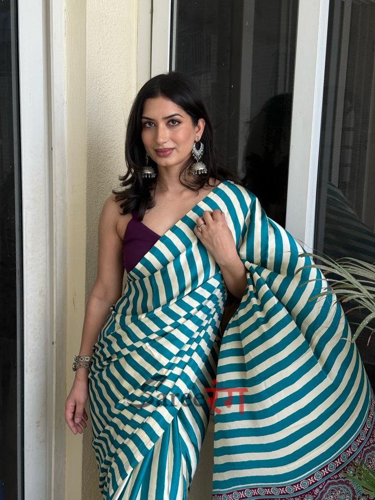 Sundari Rama Modal Silk Premium Striped Ajrakh Natural Print Saree