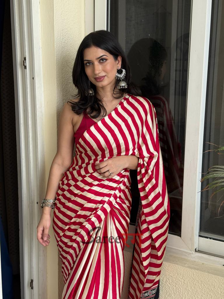 Sundari Red Modal Silk Premium Striped Ajrakh Natural Print Saree