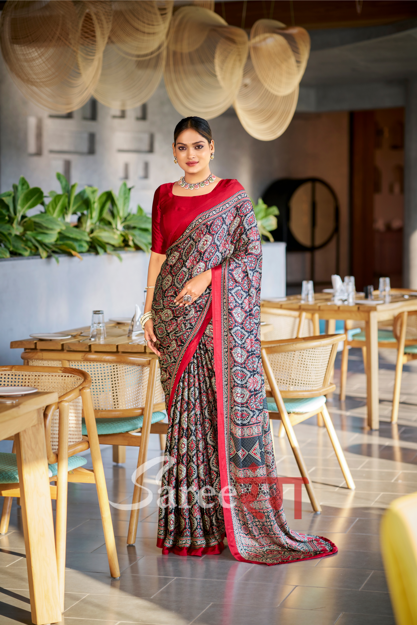 Varnika Black And Maroon  Modal Silk Ajrakh Natural Print saree