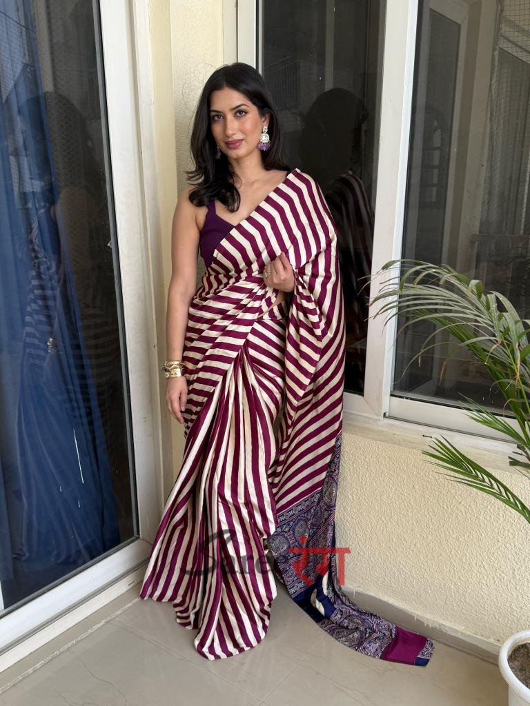 Sundari Wine Modal Silk Premium Striped Ajrakh Natural Print Saree