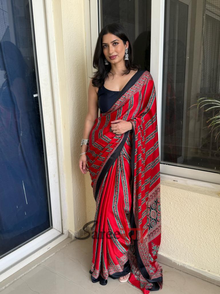 Sagun Radis Maroon  Modal Silk Ajrakh Natural Print Saree