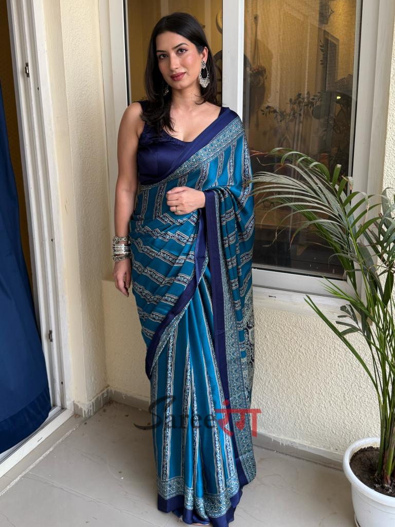 Sagun Rama Modal Silk Ajrakh Natural Print Saree