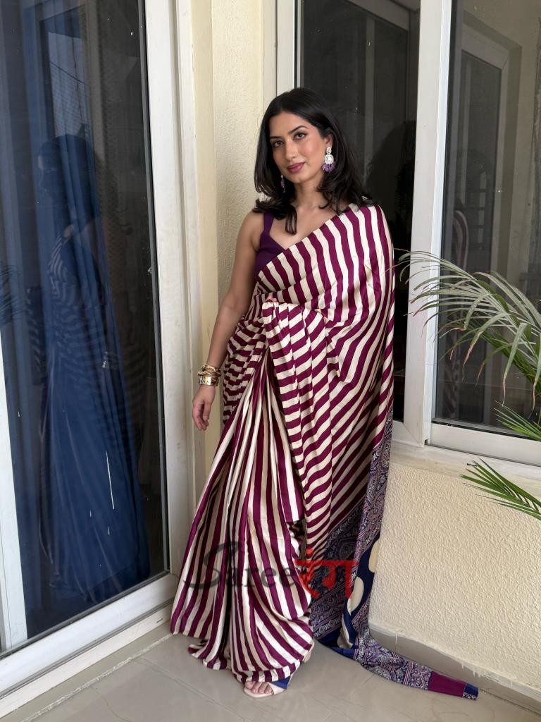 Sundari Wine Modal Silk Premium Striped Ajrakh Natural Print Saree