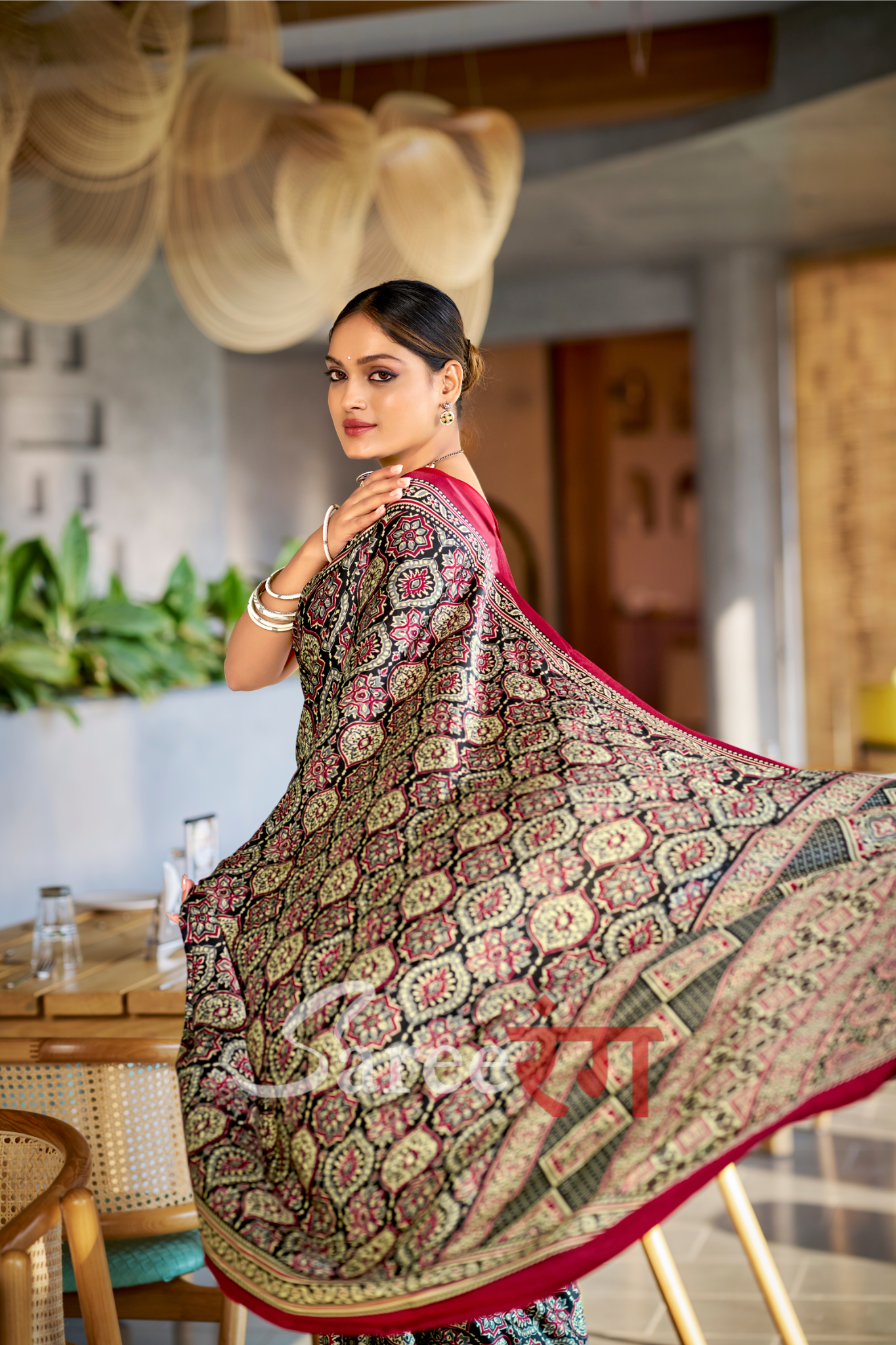 Varnika Black And Maroon  Modal Silk Ajrakh Natural Print saree