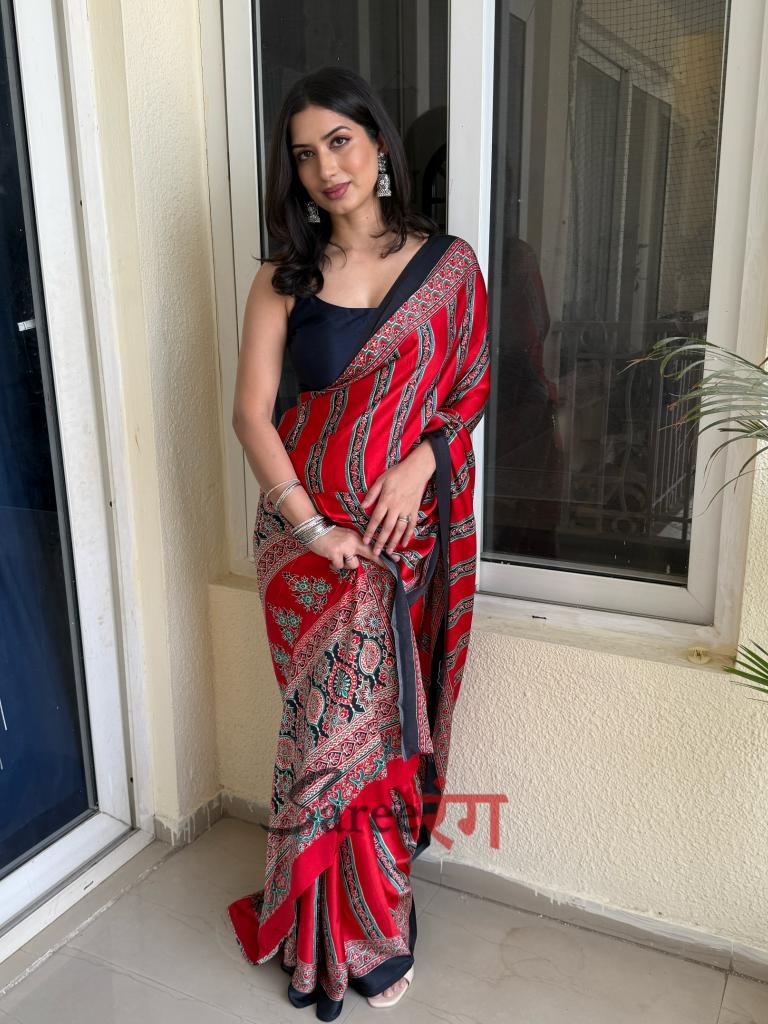 Sagun Radis Maroon  Modal Silk Ajrakh Natural Print Saree