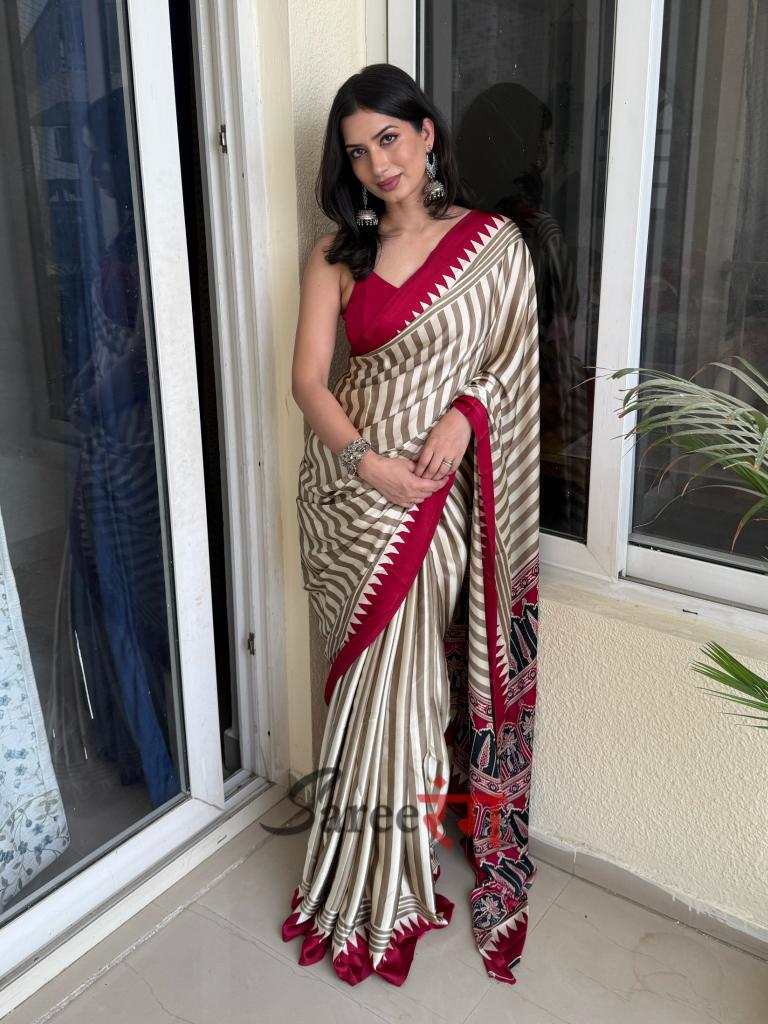 Pallavi Maroon And Cream Modal Silk Striped Ajrakh Natural Print Saree