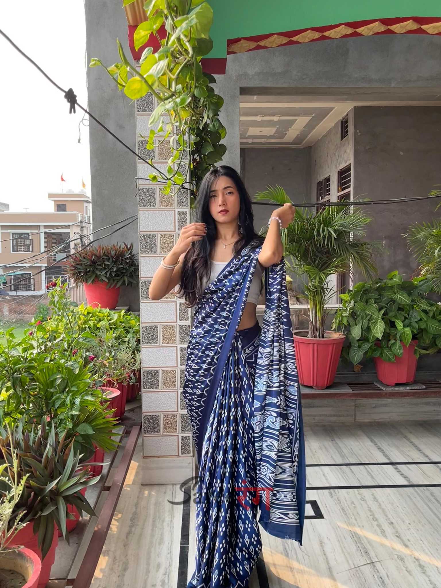 Premium Soft Blue Ajrakh Patola Printed Satin Crepe Saree