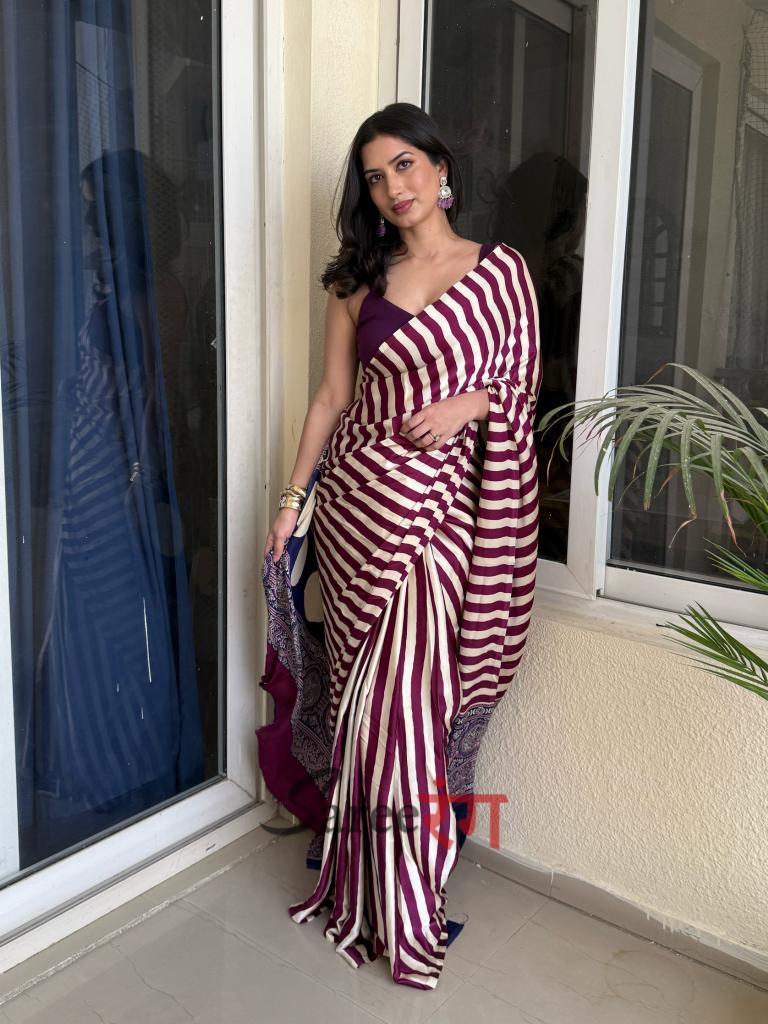 Sundari Wine Modal Silk Premium Striped Ajrakh Natural Print Saree