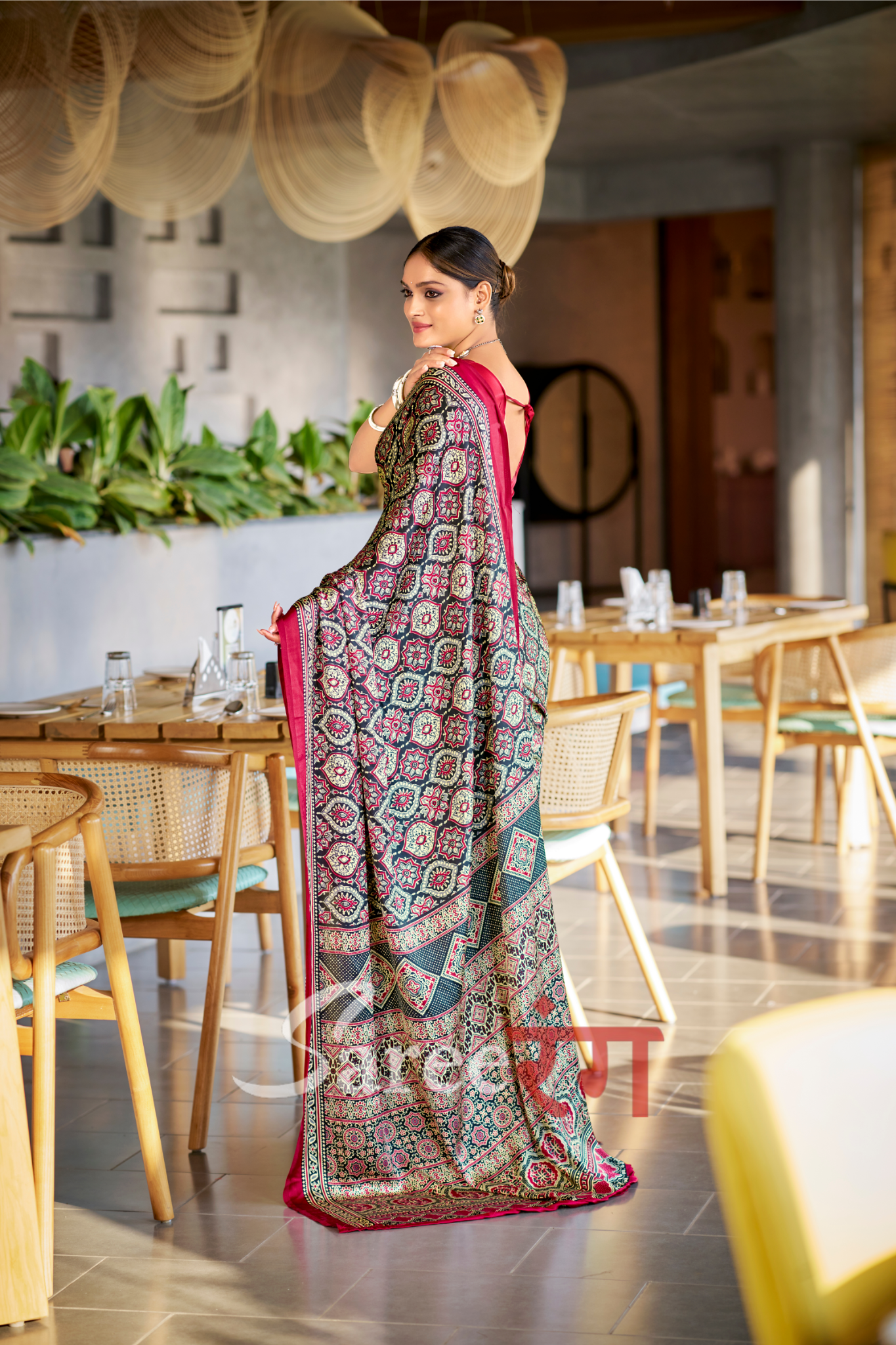 Varnika Black And Maroon  Modal Silk Ajrakh Natural Print saree