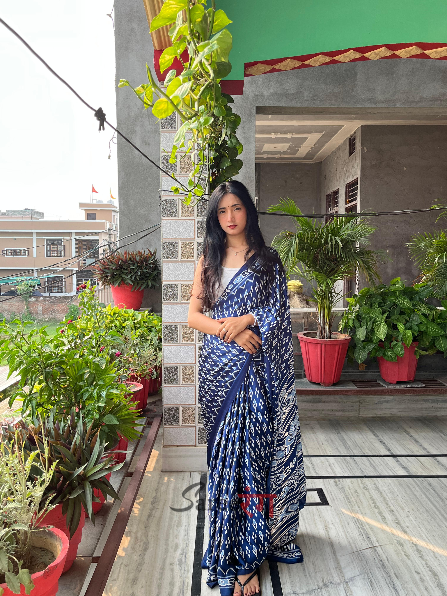 Premium Soft Blue Ajrakh Patola Printed Satin Crepe Saree