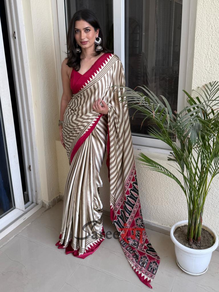 Pallavi Maroon And Cream Modal Silk Striped Ajrakh Natural Print Saree