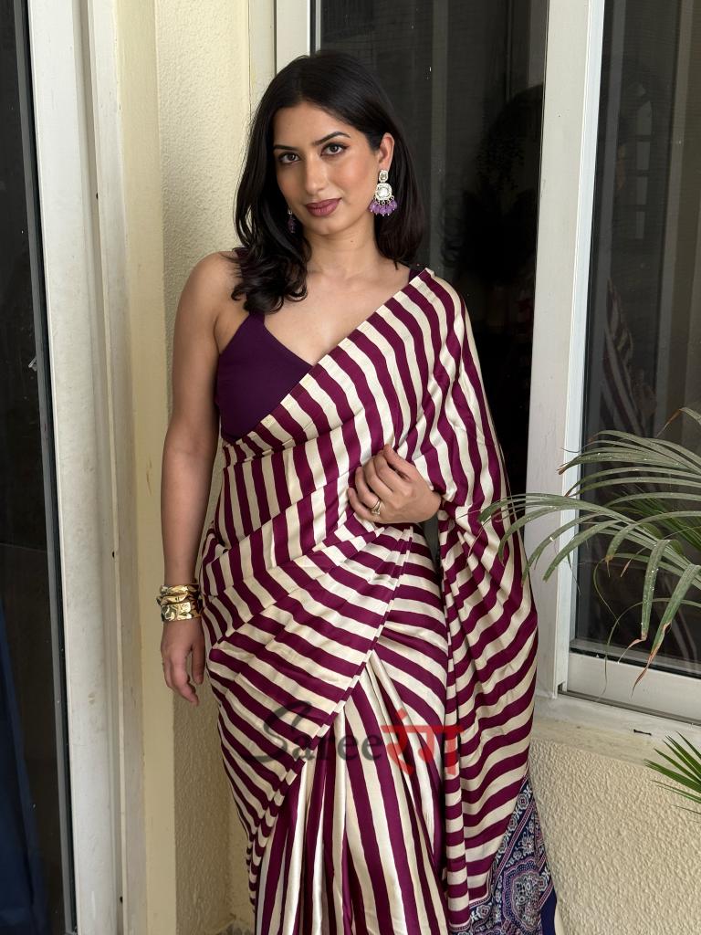 Sundari Wine Modal Silk Premium Striped Ajrakh Natural Print Saree