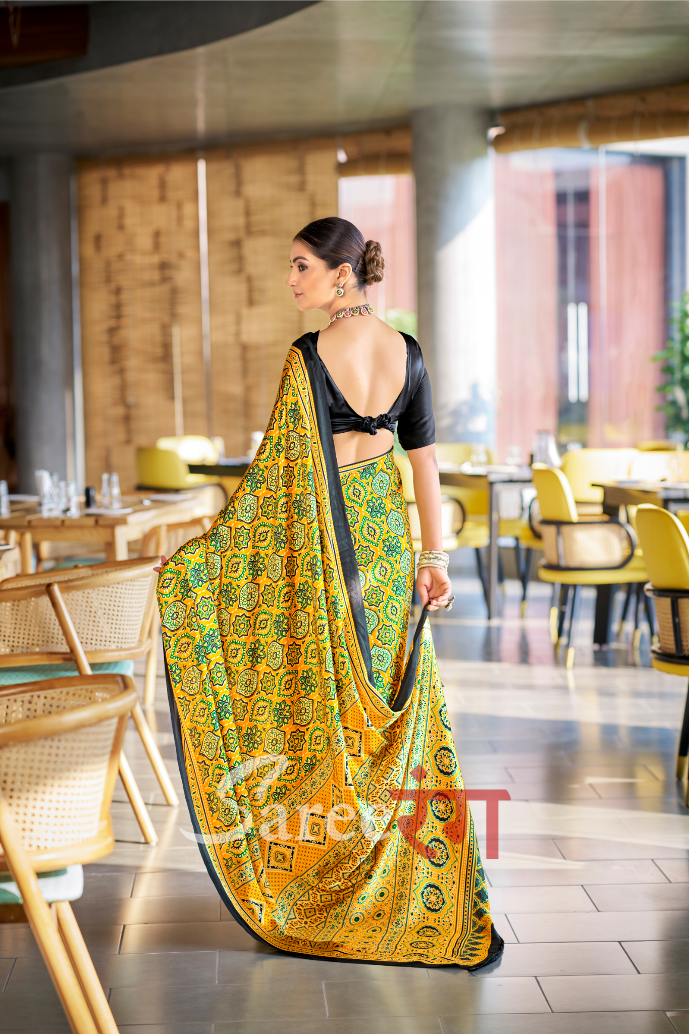 Varnika Yellow Modal Silk Ajrakh Natural Print saree