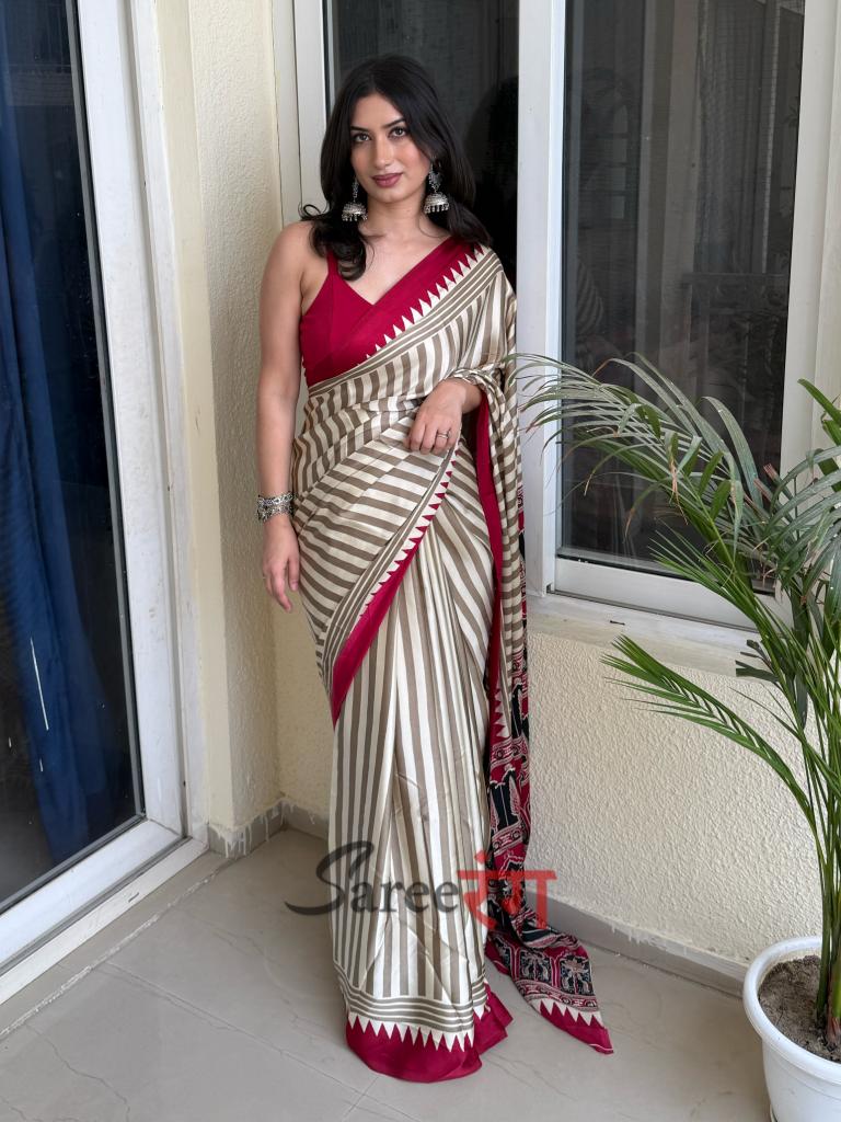 Pallavi Maroon And Cream Modal Silk Striped Ajrakh Natural Print Saree