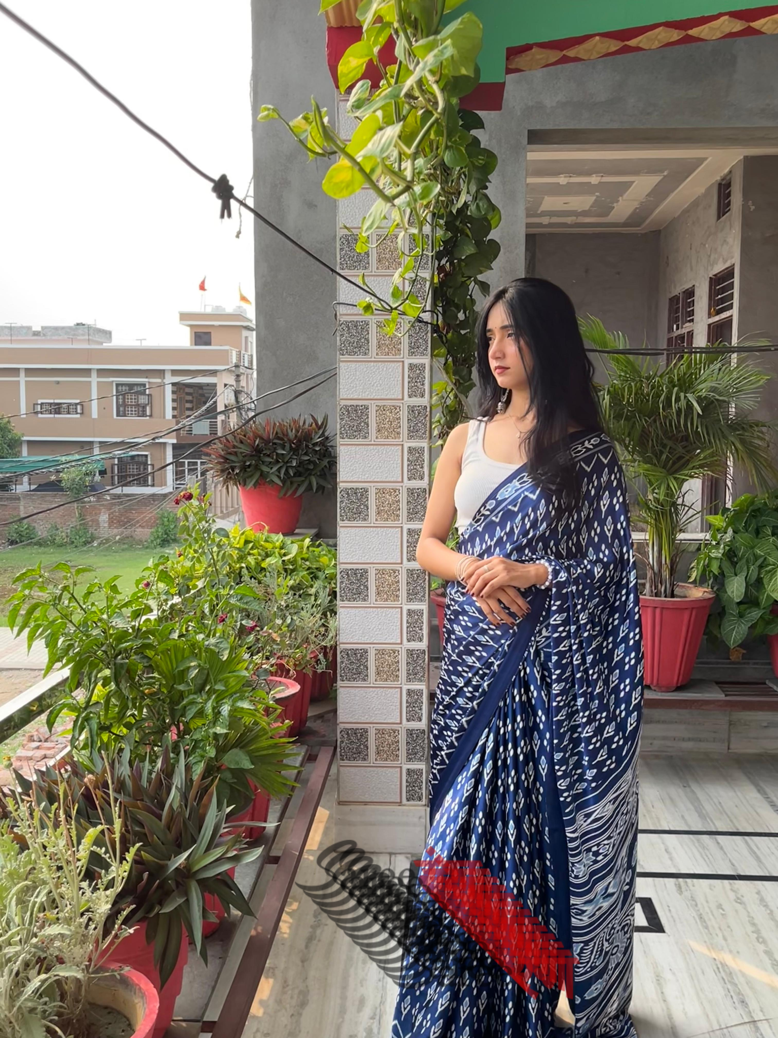 Premium Soft Blue Ajrakh Patola Printed Satin Crepe Saree