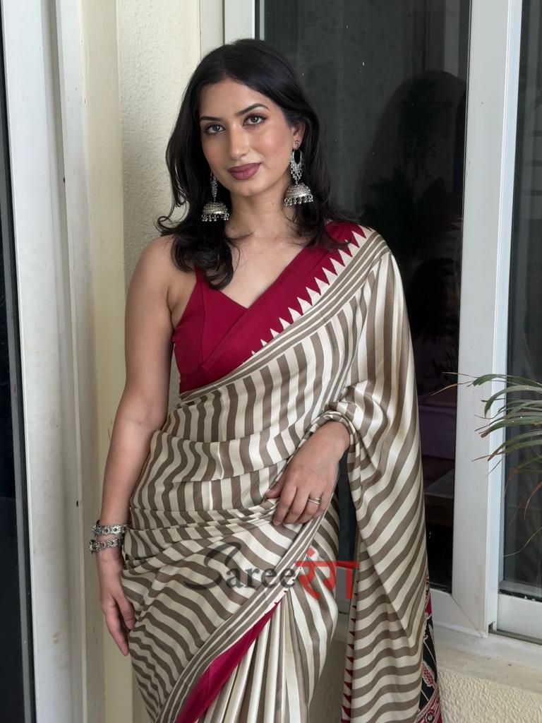 Pallavi Maroon And Cream Modal Silk Striped Ajrakh Natural Print Saree