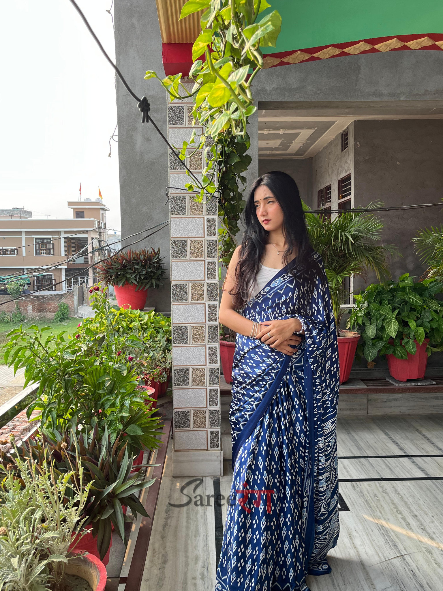 Premium Soft Blue Ajrakh Patola Printed Satin Crepe Saree