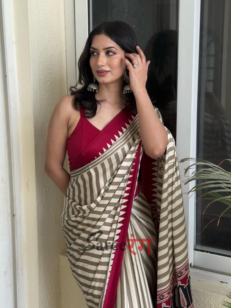 Pallavi Maroon And Cream Modal Silk Striped Ajrakh Natural Print Saree