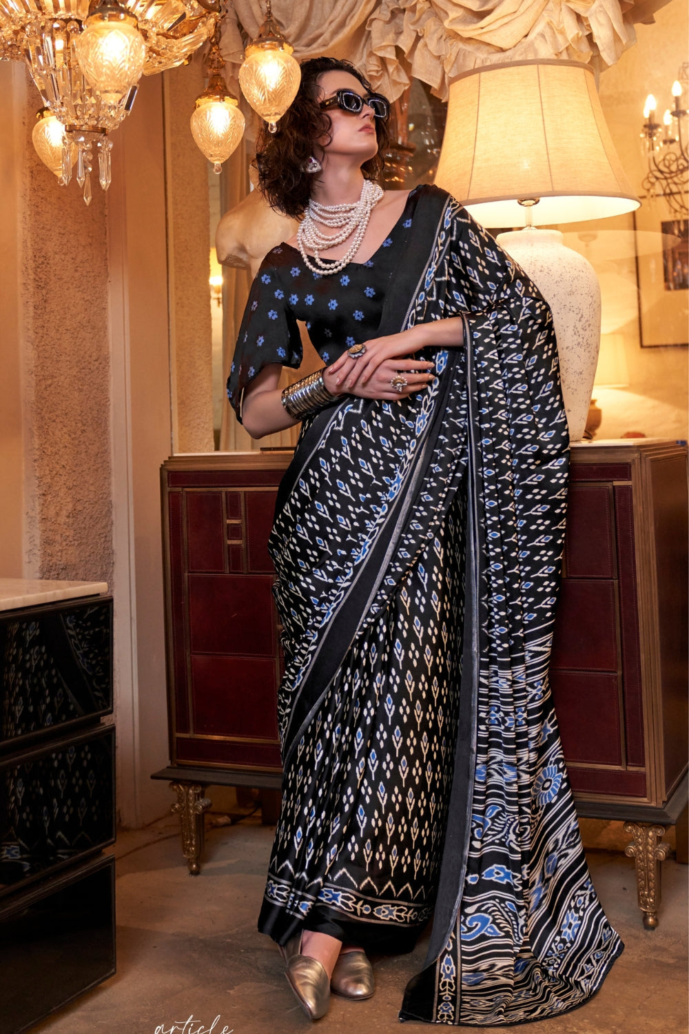 Affluence Deep Black Ajrakh Patola Printed Satin Crepe Saree