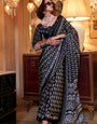 Affluence Deep Black Ajrakh Patola Printed Satin Crepe Saree