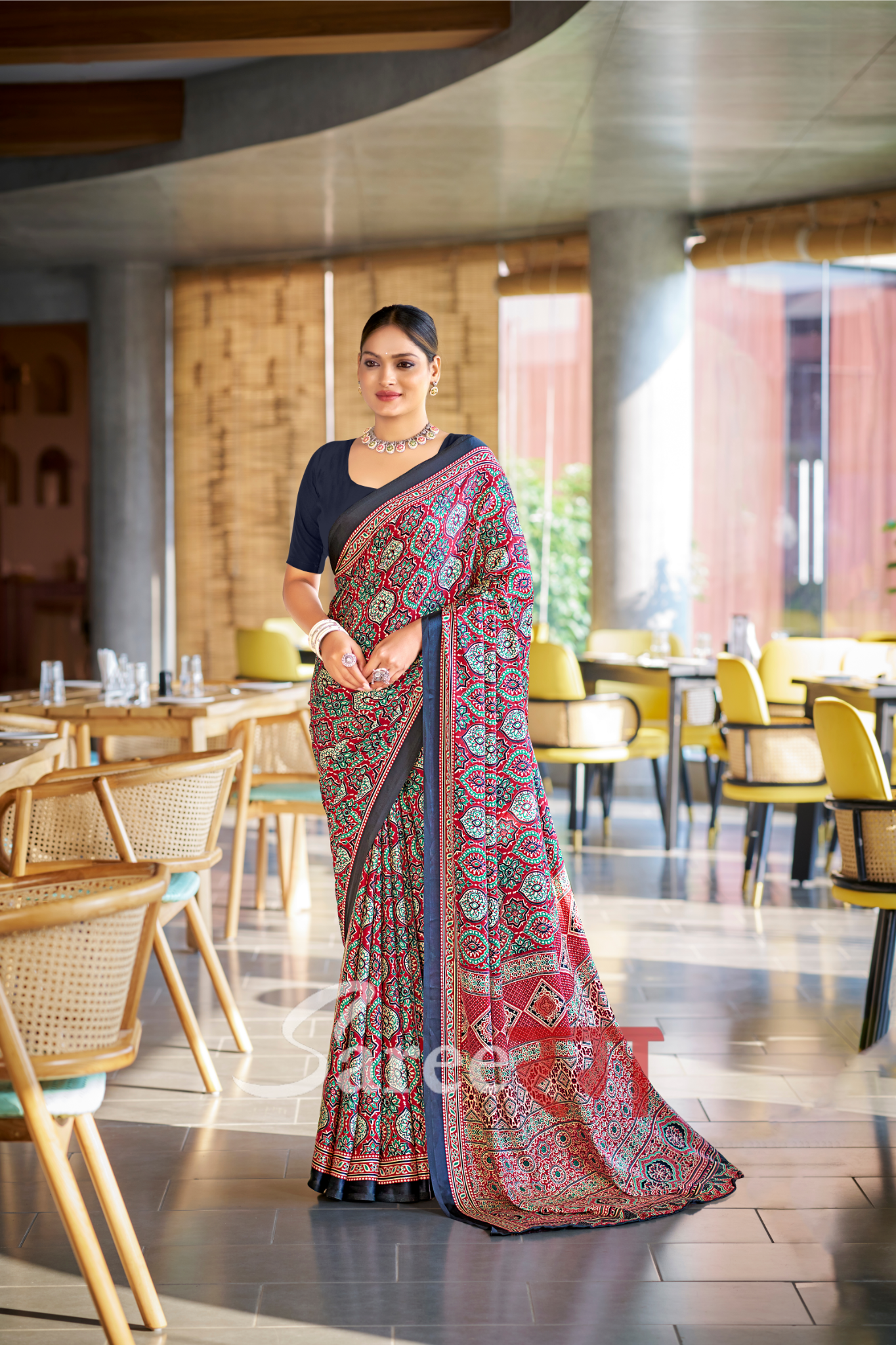 Varnika Maroon And Black Modal Silk Ajrakh Natural Print saree