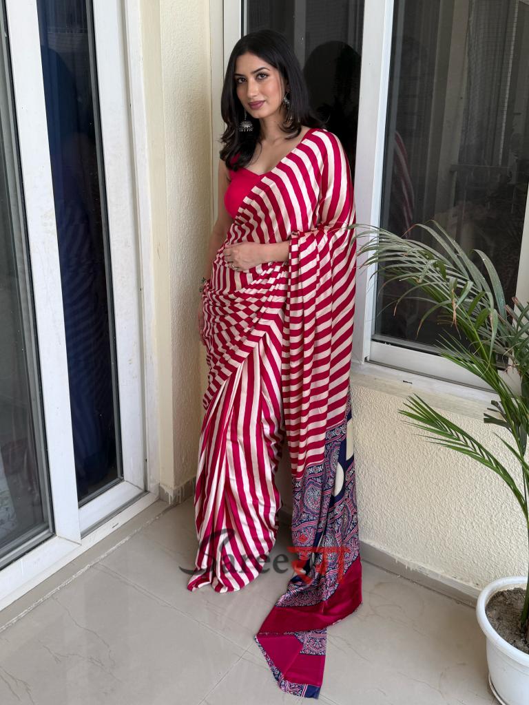 Sundari Rani Modal Silk Premium Striped Ajrakh Natural Print Saree