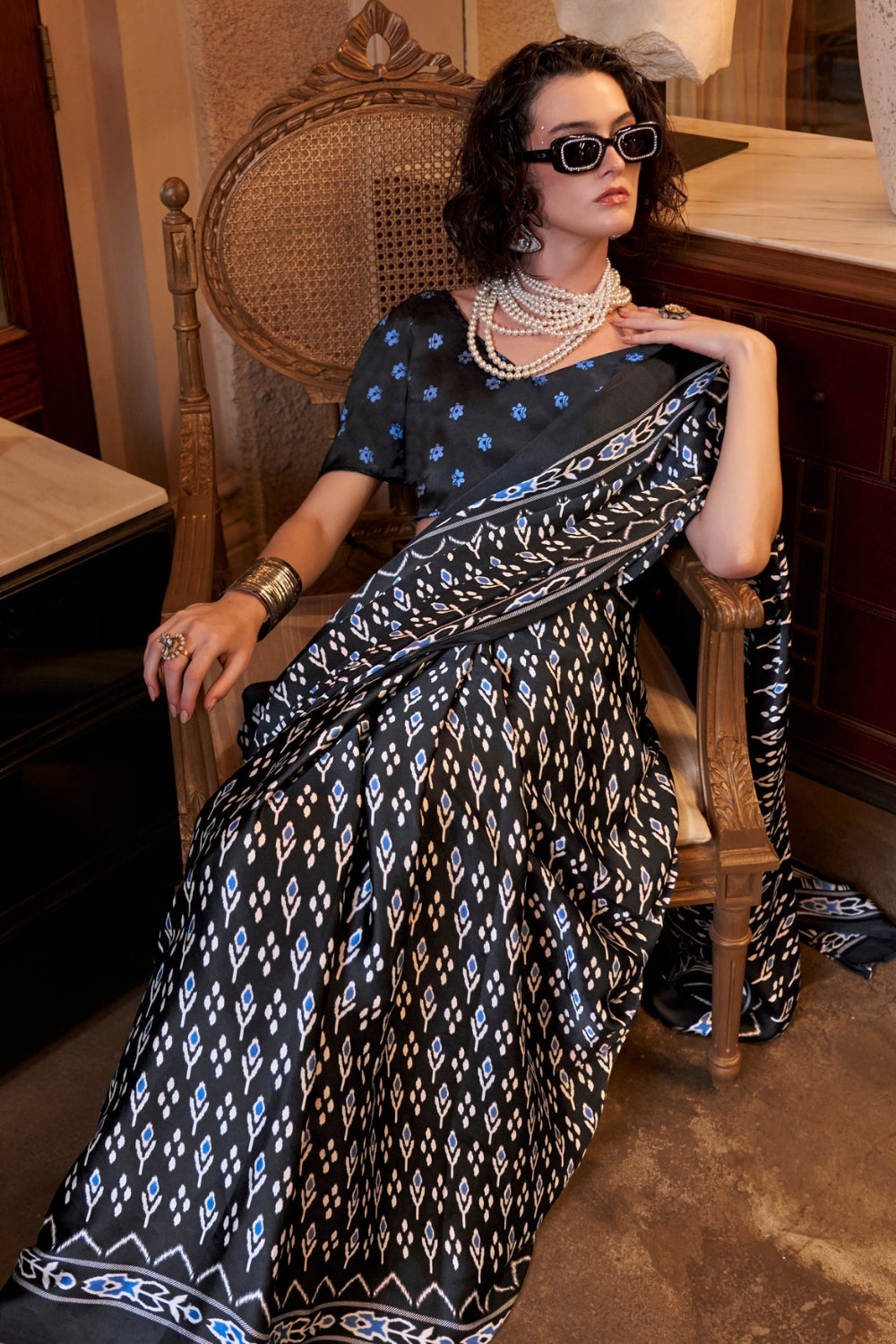 Affluence Deep Black Ajrakh Patola Printed Satin Crepe Saree