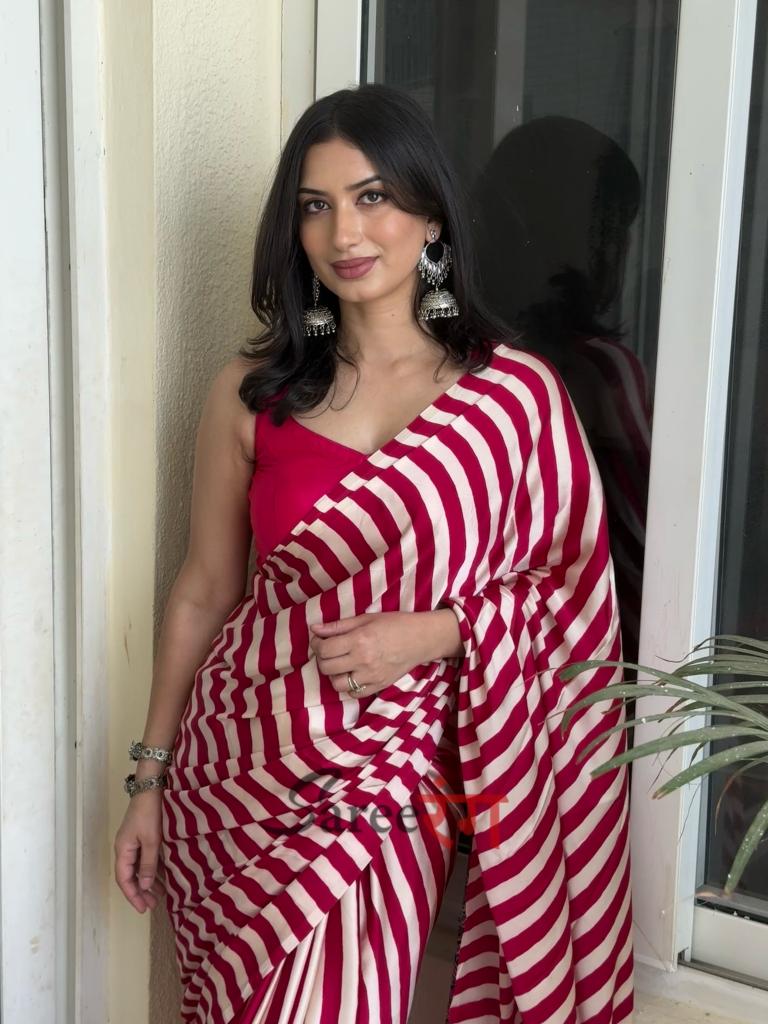 Sundari Rani Modal Silk Premium Striped Ajrakh Natural Print Saree