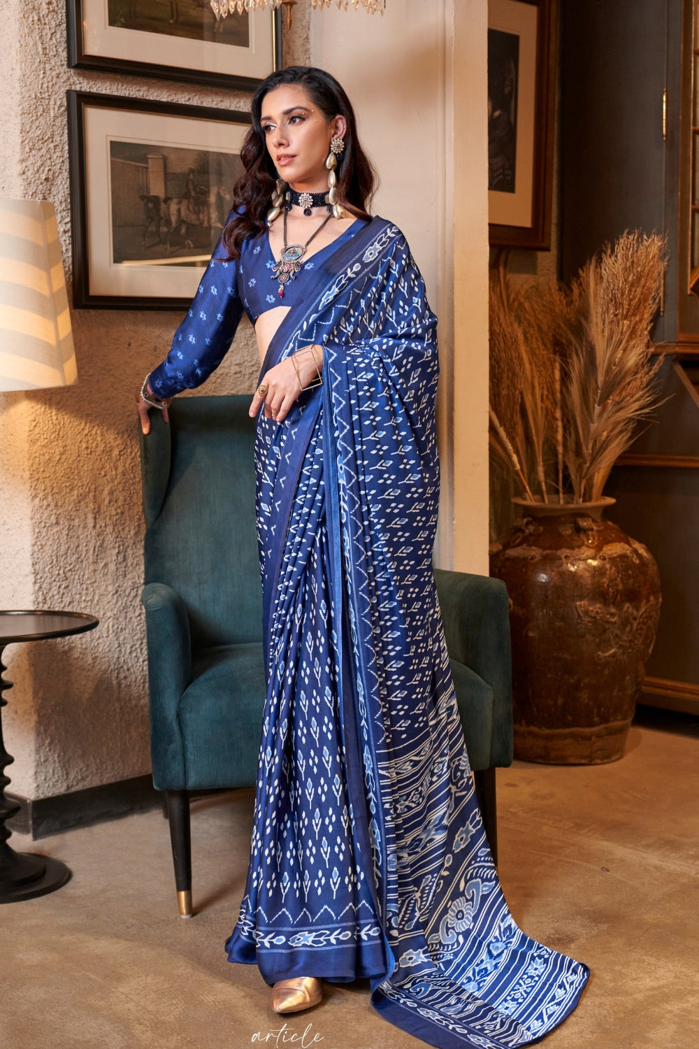 Premium Soft Blue Ajrakh Patola Printed Satin Crepe Saree