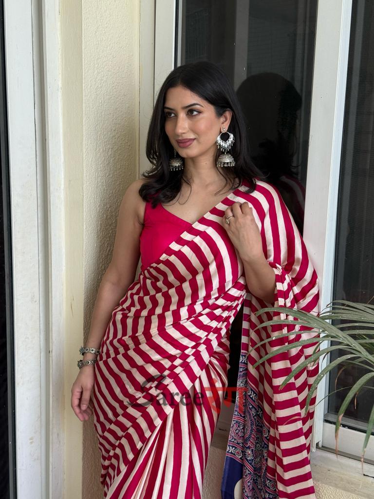 Sundari Rani Modal Silk Premium Striped Ajrakh Natural Print Saree